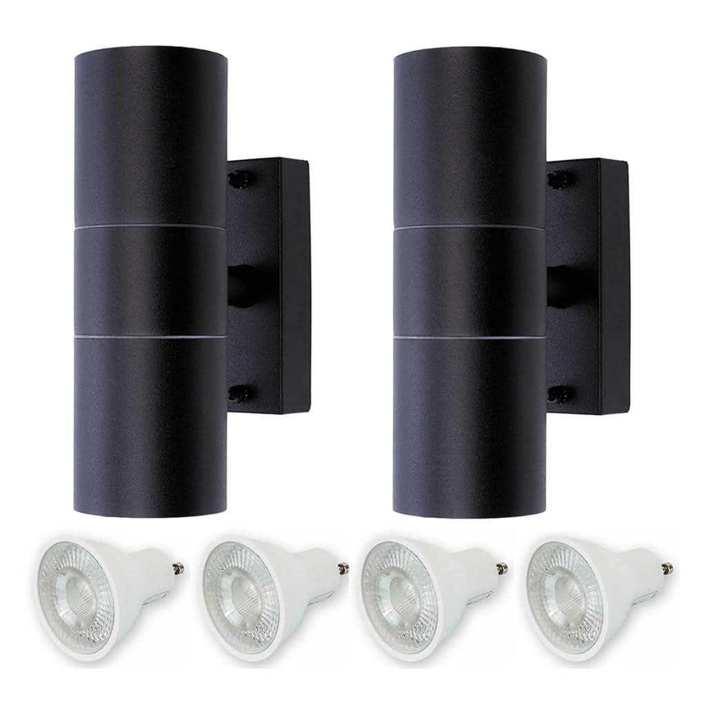 HiSPEC Coral LED Outdoor Up Down Wall Lights | for Home, Driveway, Garden, Patio | Wall Mounted Exterior Security Light with IP44 Rating (Black, 2 Pack with Bulbs)