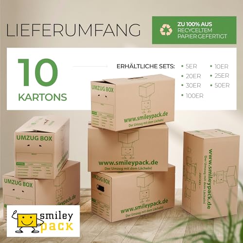 smiley pack stabile Umzugskartons - 620 x 300 x 330 mm - Extra groß - Umzugskiste 40kg Traglast - Umzug mit Karton-Box - Robuster Umzugskarton mit Deckel - Ordnungsboxen (10 Stück)