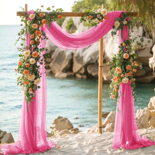 Image of Wedding Glitter Arch Draping Fabric Fuschia Pink 1 Panel 29 inch x 6.5 Yards Sheer Backdrop Curtain Drapery for Summer Wedding Ceremony Birthday Party Indoor Ceiling Decor