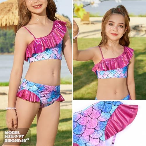 Image of CHILDRENSTAR Girls Metallic Bathing Suits Shiny Ruffles One Shoulder 2 Pieces Swimsuits Cute Bikini Set