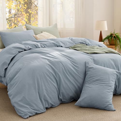 Image of Bedsure Comforter Set Queen Size - Cotton Fabric with Microfiber Inner Fill, Mineral Blue PureWoven Soft Bed Set for All Seasons, 3 Pieces, 1 Comforter (90 inch x 90 inch) and 2 Pillow Cases (20 inch x 26 inch)