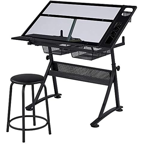 Yaheetech Adjustable Glass Drafting Table with Storage Cover