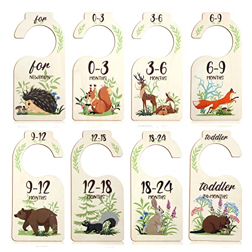 8pcs Baby Closet Dividers, Cute Wooden Month Closet Dividers with Animal Patterns Baby Clothes Organizer from Newborn to 24 Months Nursery Hanger Decor for Infant Clothing Storage