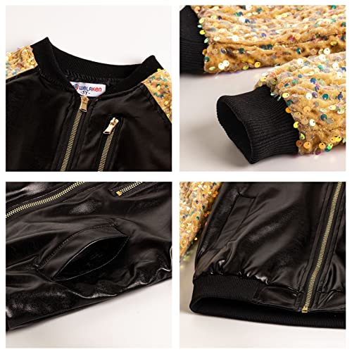 Image of WELAKEN Girls Sequin Sparkle Zip Bomber Jacket | Sequin sleeves, shiny bomber style, ribbed trim, smooth zipper and side pockets for party, dance, school and photos