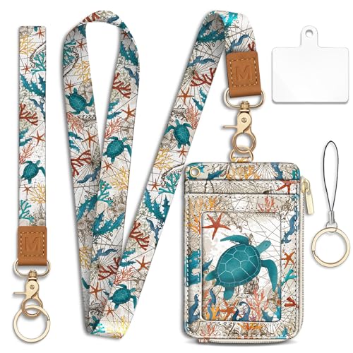 Lanyard Wallet with Id Badge Holder, Sea Turtle RFID Small Keychain Wallet Women Wristlet, Cute Zipper Credit Card Holder Phone Wrist Neck Strap for Key Name Tag, Teacher Student Office Gifts