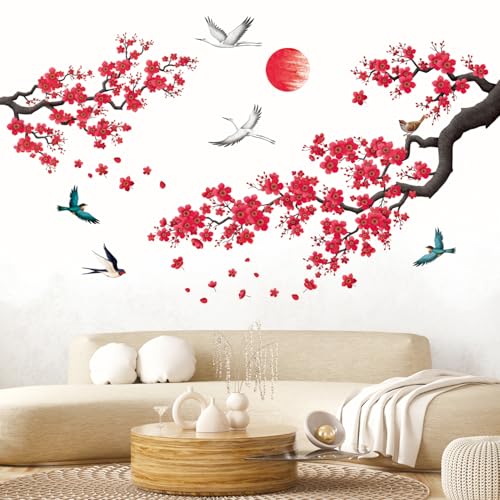 DECOWALL SG2-2406 Sticker mural aquarelle fleur branche arbre oiseaux stickers muraux fleurs de cerisier fond chambre salon décoration maison canapé art...