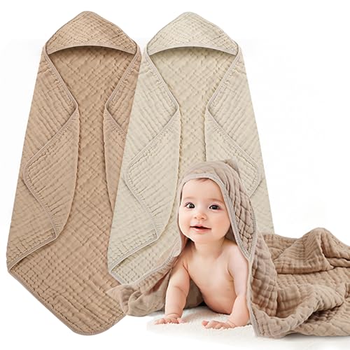 Hooded Baby Bath Towels, 2 Pack Baby Towels with Hood for Newborn, Upgrade High Density 100% Muslin Cotton Baby Towel, Ultra Soft, Highly Absorbent for Infants, Toddlers, Newborn Essential, 32” x 32”