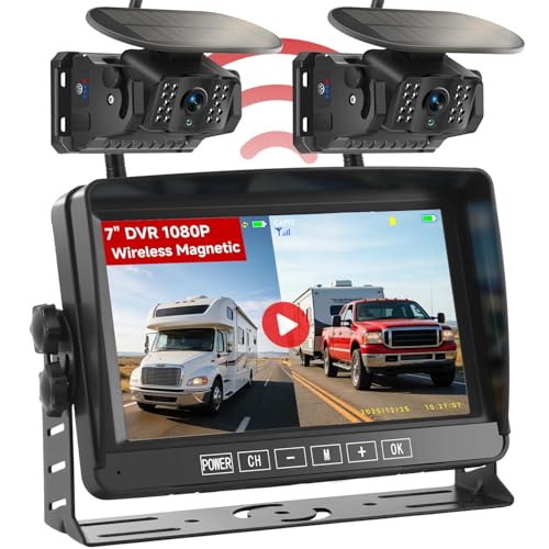 Venluna Dual Wireless Magnetic Backup Camera for Trailer - 7” 1080P HD 4CH Monitor with Solar 15000mAh Rechargeable Night Vision Rear Camera, DVR Loop Recording Waterproof No Delay for Truck,RV,Camper