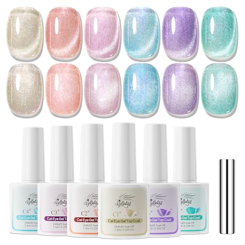 GELLAKTIK 5-in-1 Cat Eye Gel Polish Kit, 6PCS-7.5ml No Base/Top Coat Needed, All-in-One Formula, Beginner-Friendly Magnetic Nail Art Set with Magnet Sticks, Fast Curing for Home DIY Manicure