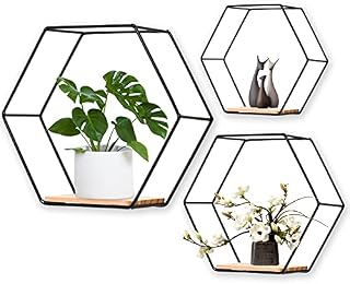 LMYDIDO Set of 3 Hexagon Wall Shelves, Hanging Shelves, Metal and Wood Floating Shelves, Wall Storage Organiser for Kitchen Shelf, Bathroom, Bedroom, Wall Decoration (Black)