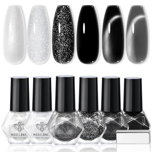 modelones Nail Polish Set, 6 Colors White Black Nail Polish with Magnet Glitter Cat Eye Magnetic Non Toxic Quick Dry Fingernail Polish Salon Home DIY Gifts For Women Girl