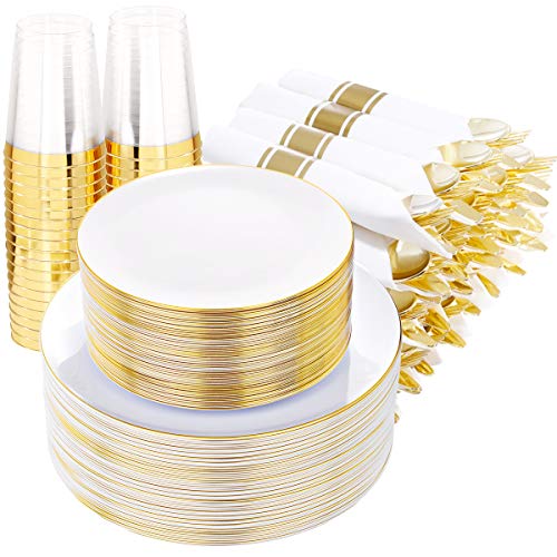 Supernal 350pcs Gold Plastic Plates,Gold Plastic Dinnerware Set,Pre Rolled Gold Plastic Silverware,Include 50 Dinner Plates,50 Salad Plates,50 Rolled Napkins,50 Cutlerty Sets,50 Gold Rim Cups