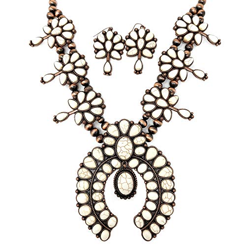Emulily Chunky Western Turquoise Squash Blossom Statement Necklace and Earrings Set Navajo Pearl (White)