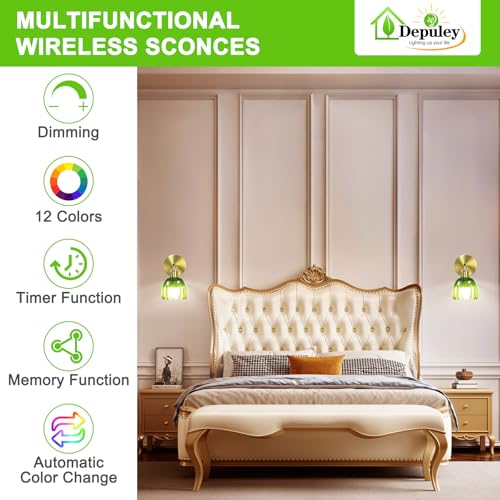 Image of Depuley Battery Operated Wall Sconce: Set of 2 Wireless Wall Lights with Tulip Glass Lampshade for Bedroom - Rechargeable 15 Colors Gold Wall Lamp for Living Room Doorway Home Decor - Green