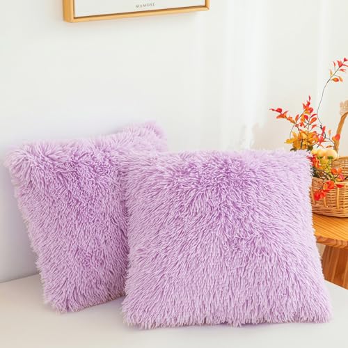 Lavender fuzzy throw pillow covers 18"x18", Soft Decorative Fluffy Plush lavender pillow cases, Furry Shaggy Faux Fur cushion covers for sofa, bed, and living room decor, Set of 2 with zipper