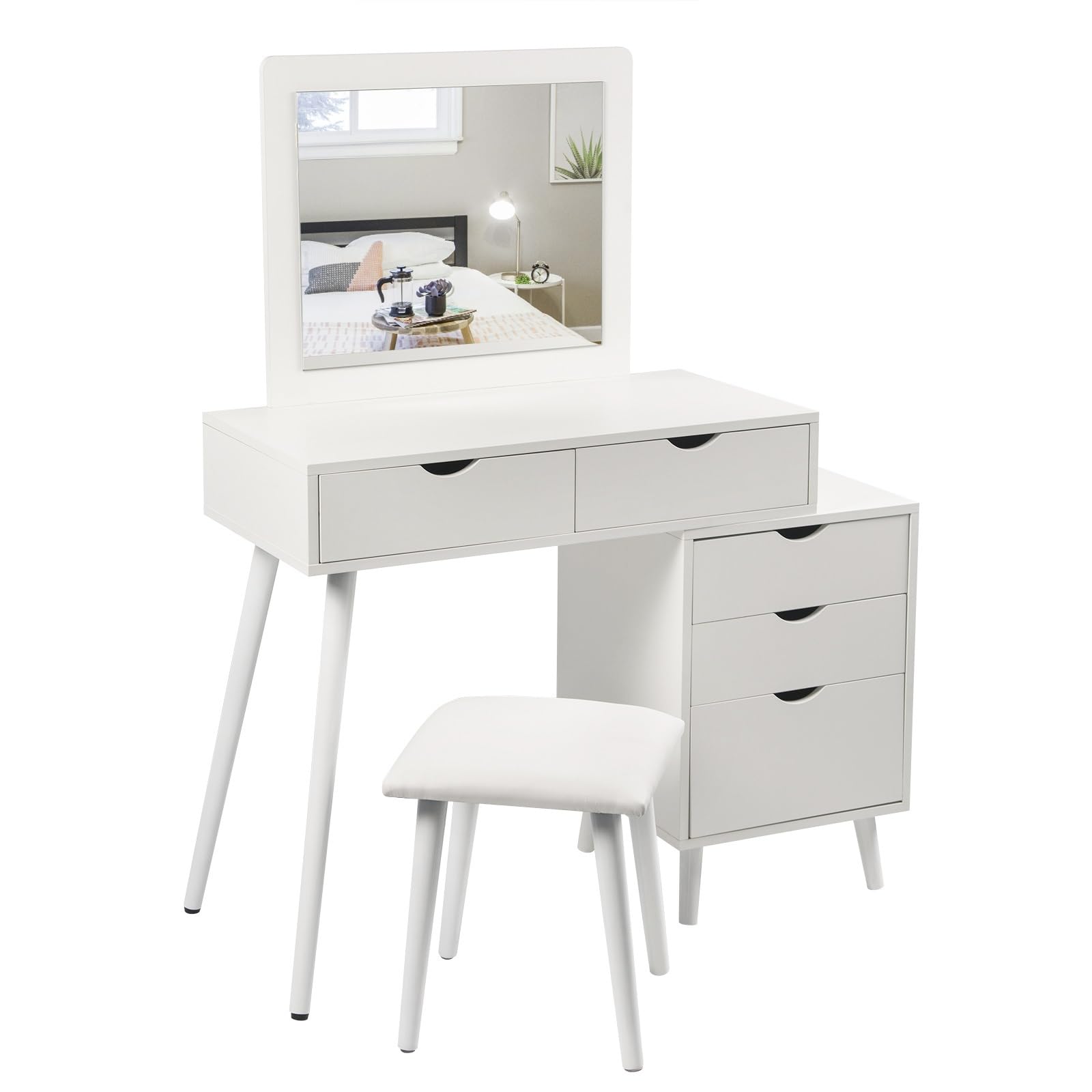 La Tua Beauty Station: Specchio Ribaltabile 2-in-1, Tavolo Trucco Con 2 Cassetti E Sgabello Incluso - 4