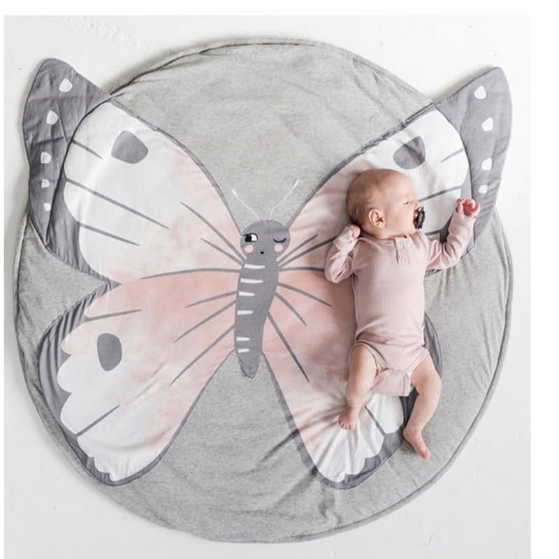Poowe Butterfly Baby Round Play Pad Crawling Mat Butterfly Baby Blanket Butterfly Tummy Time Mat Rug for Kids Children Toddlers Bedroom
