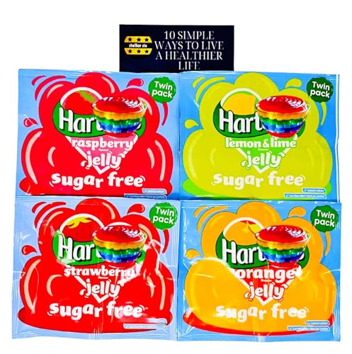 Sugar Free Jelly Party Food Multipack – 4 Twin Packs (Orange, Lemon & Lime, Raspberry, Strawberry) – Guilt-Free Dessert + Stellar Six Healthy Living Tips Card – Low Calorie Treat