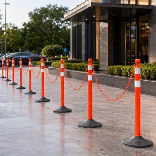 Image of 6 Pack Traffic Delineator Post Cones with Chain Stanchion, Red Crowd Control Safety Barrier Posts with Heavy Duty Base for Traffic Guidance, Events and Parking Control (Red)