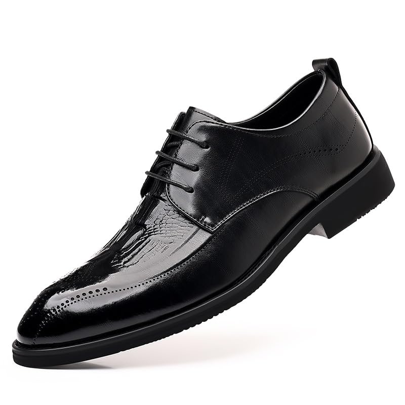 Shoes Dress Oxford for Men Lace Up Round Burnished Toe Brogue Embossed Crocodile Print Derby Shoes Block Heel Anti-Slip Rubber Sole Resistant Classic