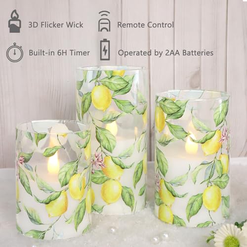 Image of Lemon Glass Flameless Candles with Remote Timer Battery Operated LED Flicker Real Wax Pillar Candles Spring Summer Lemonade Party Kitchen Table Dinner Christmas Holiday Decor D3 x H4, 5 inch, 6 inch