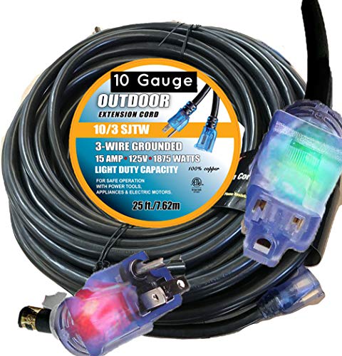 10 3 Contractor Grade 25 Feet 10 Gauge Power Extension Cord 10/3 Plug extension cord With Lighted Ends Black 10/3 Extension Cord 25ft With Lighted Extension Cords 25 ft 10 Gauge