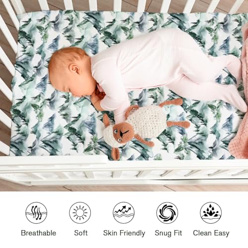 Image of Watercolor Green Mountains Landscape Fitted Baby Crib Sheets Boy Girl 52 inchx28 inch Misty Forest Mountain Trees Crib Mattress Covers Soft Breathable Baby Sheets for Standard Crib and Toddler Mattress