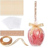 36 Sets Candy Apple Sticks and Bags Kits Halloween DlY Caramel Apple Kits Rhinestone Sticks Glass Papers Glitter Ribbon for Trick or Treat Gifts Birthday Party Homemade Cookie Wrapping(Champagne Gold)