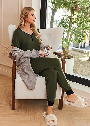 Image of Ekouaer Pajamas for Women Set 2 Piece Fall Lounge Sets Short Sleeve Pjs Joggers Long Pants Sleepwear with Pockets