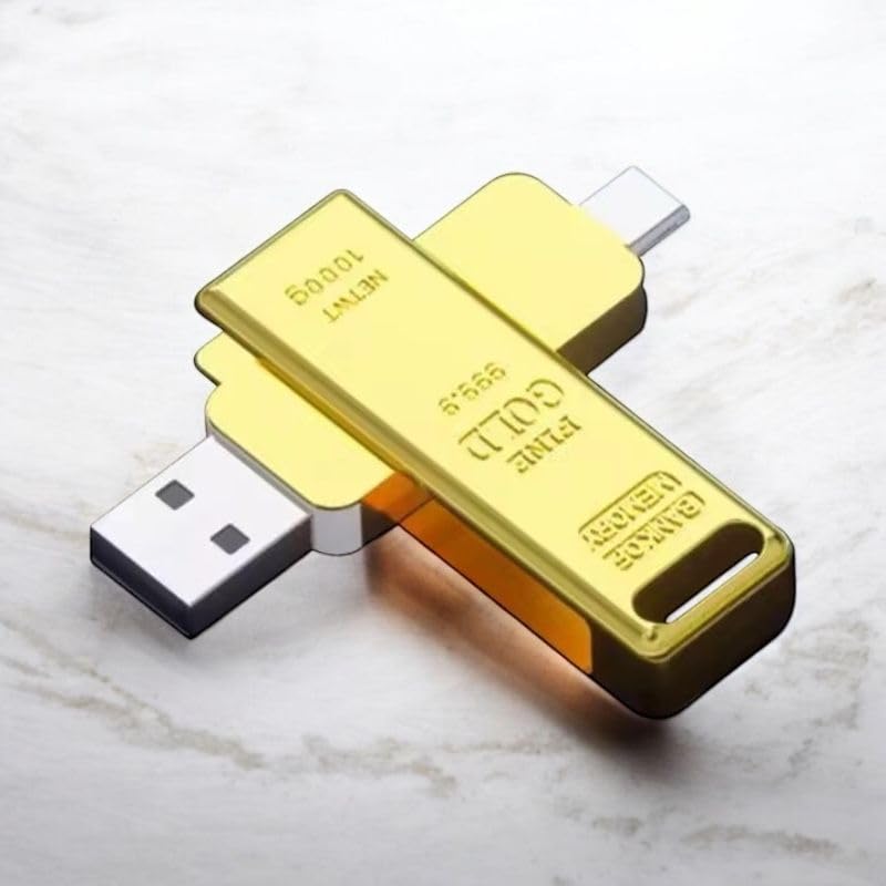 32GB 2.0 Gold Bar USB Flash Drive, Metal Design, Dual USB and Type-C Connector, Novelty Storage Device (32, GB)-image-1
