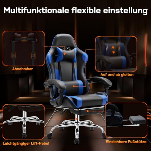 Sweetcrispy Gaming Stuhl,Ergonomischer Bürostuhl mit Fußstütze,Gamer PC Stühle mit Kopfstütze Lendenkissen,90-150° einstellbar Gaming Chair,Leder Drehbar Schreibtischstuhl Computerstuhl,Blau
