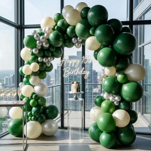 Image of Green White Balloon Garland Double Stuffed Latex Emerald Green Sand White Cream Grey Pearl Balloon Arch Different Sizes for Birthday Wild One Wedding Baby Shower Prom Jungle Party Decor