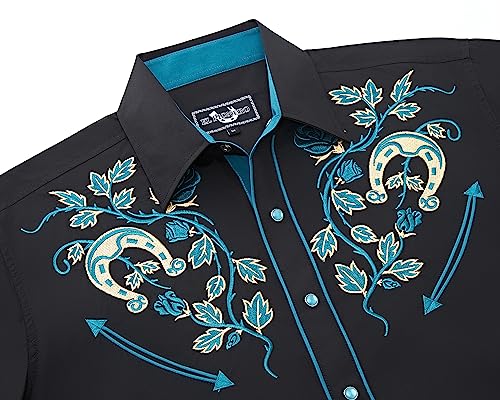 EL PIONERO Men's Floral and Horseshoe Embroidered Long Sleeve Retro Western Cowboy Shirt3