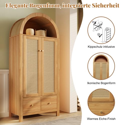 Merax Armadio in stile rustico in rovere 181 x 78 x 45 cm, armadio vintage in legno con rattan, 2 ante e 2 cassetti, ripiano semicircolare aperto, asta appendiabiti