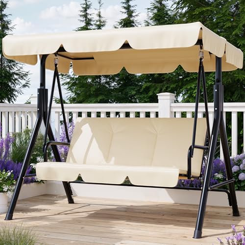 Image of Garvee Outdoor Porch Swing with Adjustable Canopy, 3-Seat Patio Swing Chair with Stand, Heavy Duty Outdoor Swing for Adults, Metal Frame Patio Swing for Garden, Backyard & Poolside,Khika