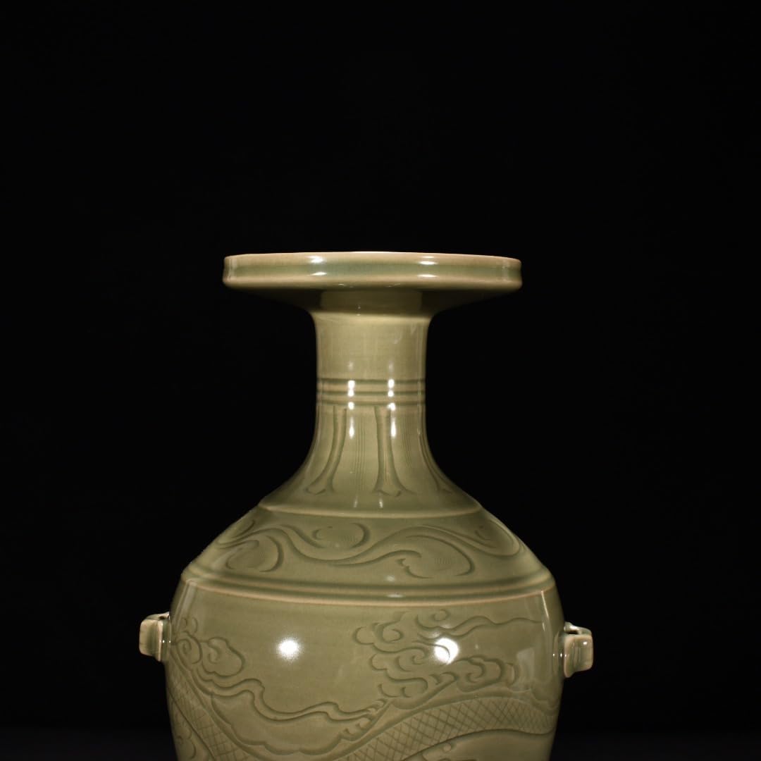 Amazon.co.jp: 五代秘色越窯 青磁 刻龍文盤口瓶 唐物 陶磁器 中国美術