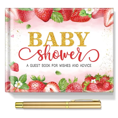 Image of Fuyoooo Strawberry Baby Shower Guest Book Baby Shower Sign in Guest Book Reception with Sonogram Page Keepsake Includes Gold Pen Table Card and Adhesive Photo Corner for Birthday