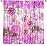 wlsgdsg Pink Butterfly Curtains for Girls,Watercolor Nature Fantasy Forest Beautiful Plant Flower Leaf Butterfly Fly Window Drapes Print for Kids Bedroom Living Room 42x45in（No Blackout）