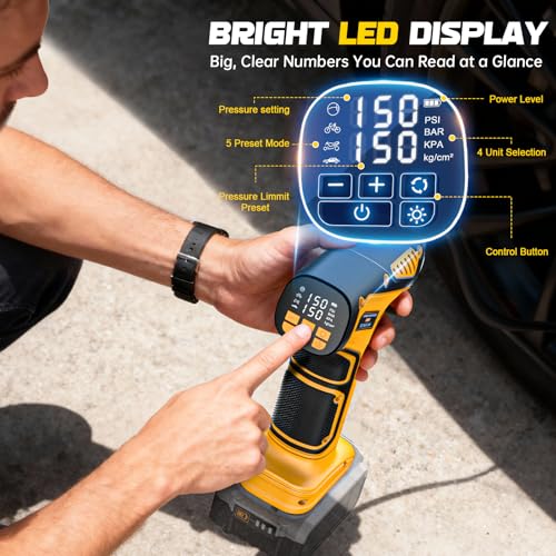 Image of DIYtoolifz Cordless Tire Inflator Air Compressor Compatible with Dewalt 20V Battery (Tool Only), 150 PSI Portable Car Air Pump with Digital Pressure Gauge, Automatic Shut Off, LED Light