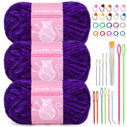 Image of LUNARM Chenille Yarn for Crochet Knitting Chunky Blanket Velvet Yarn | 3 Pack 3.5oz /100g 486 Yard Purple Chenille Yarn for Beginners Knitting Scarves with Big Eye Needles Machine Washable