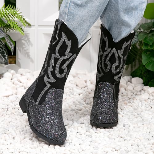 Girls Winter Glitter Sequin Cowboy Cowgirl Western Boots Warm Fur Mid Calf Riding Shoes4