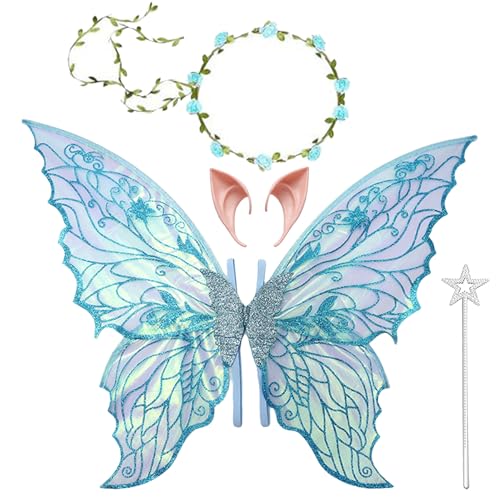 Ailes de Fée Enfant Adulte,Ailes de Papillon,Ailes de Princesse,avec Oreilles d'Elfe,Bandeau de Fée Et Baguettes de Fée Étoile,pour Halloween Carnaval Jeux...