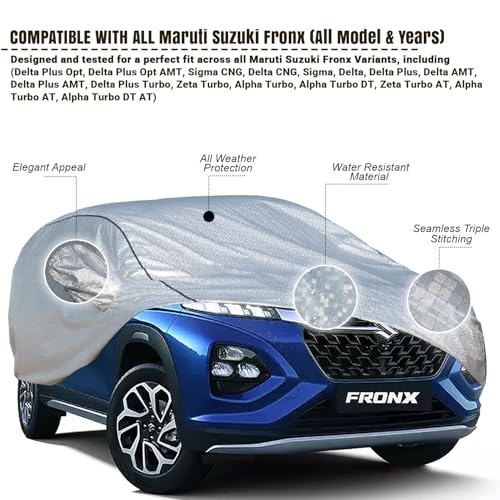 Image of Pivalo Car Cover for Maruti Fronx Delta Plus All Model & Years (2023-2025) 100% Waterproof with Mirror Pockets, Triple Stitched Bottom Elastic Dustproof Full Body Protection (UV Resistant, Silver)