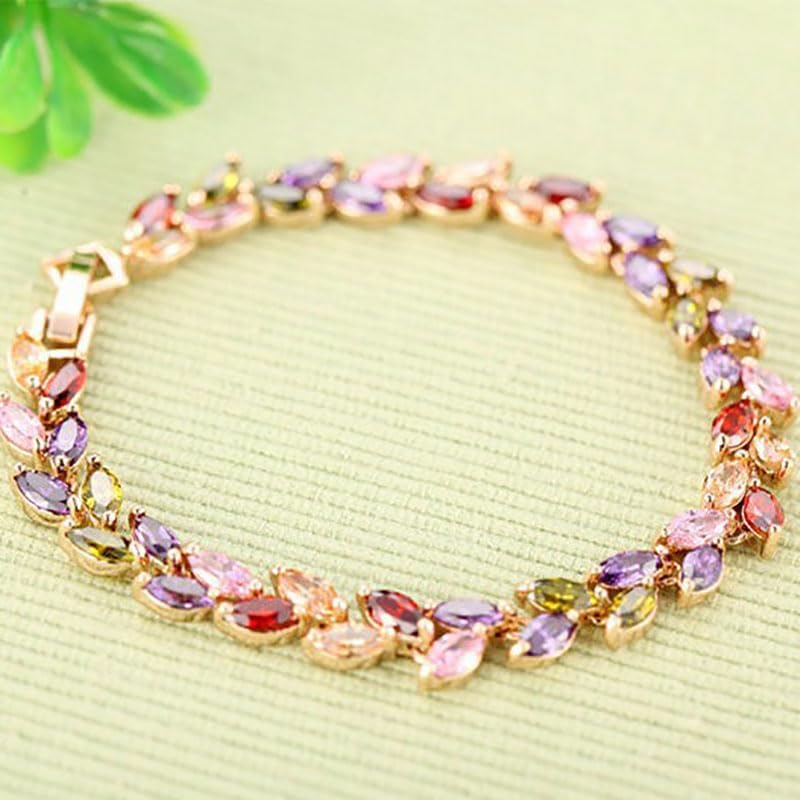 14K Rose Gold Bohemian Style Colorful Crystal Bracelet for Women,Branch Shape Natural Crystal Rainbow Link Bracelet,Luxury Bracelet Jewelry Gift for Her - Image 4