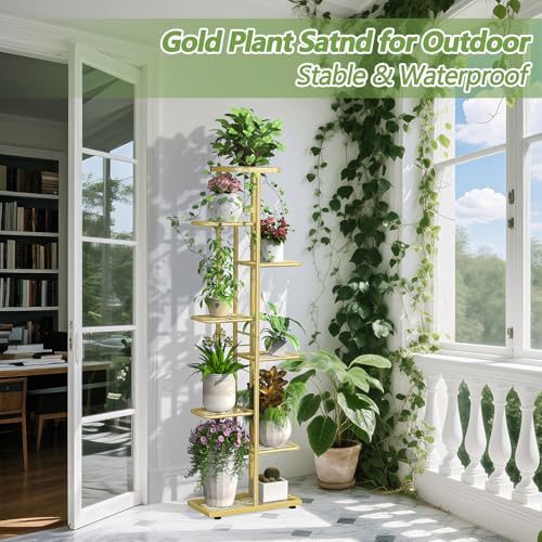 8 Tier 9 Potted Gold Plant Stand Indoor with Gardening Tools and Gloves, Tall Metal Corner Plant Shelf Organizer Outdoor, Multiple Flower Pot Holder Display Rack for Patio, Garden, Balcony