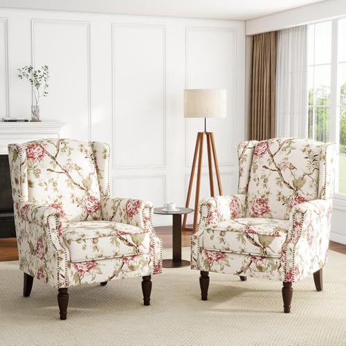 UIXE Floral High Back Accent Chairs Set of 2, Wingback Armchair in Fabric