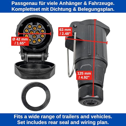 13 polige Anhänger Steckdose, Langversion mit Metallbügel Halterung, 13 pol Steckdose nach ISO 11446 genormt, Steckanschluss für 12 V Systeme, 13pol Buchse mit Klappdeckel, 13 pin Socket kit