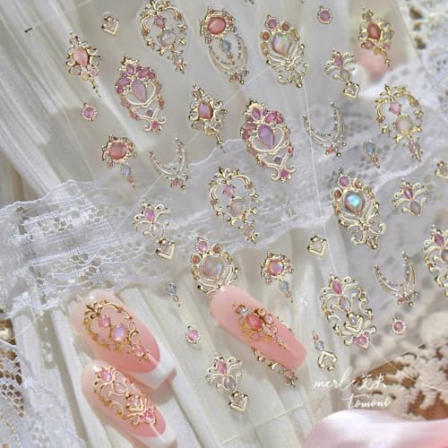 Image of 5D Embossed Gold Nail Stickers Jelly Nail Art Stickers Self Adhesive with Design Gemstone Nail Decals for Nails Art Supply Charms for Women Girls Kid Magnificent Manicure Decoration Accessories