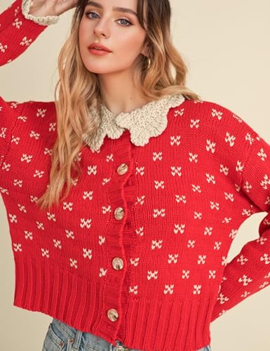 Esmeling Women's Y2K Ruffle Collar Cardigan Sweater Cute Long Sleeve Button Down Floral Knitwear Tops4