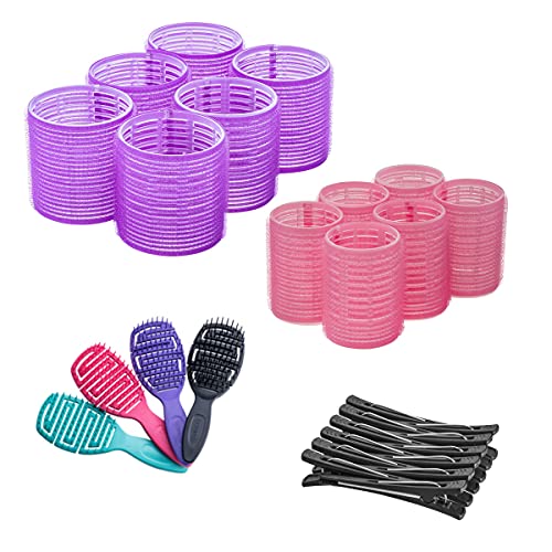 Self Grip Rollers for Hair - Salon Hair Curlers Set for Long, Medium, Short Hair – Big Hair Rollers for Styling and Extra Volume 2 Size (12 Large - 12 Jumbo), 12 Clip and Hair Brush Set (4 pcs)